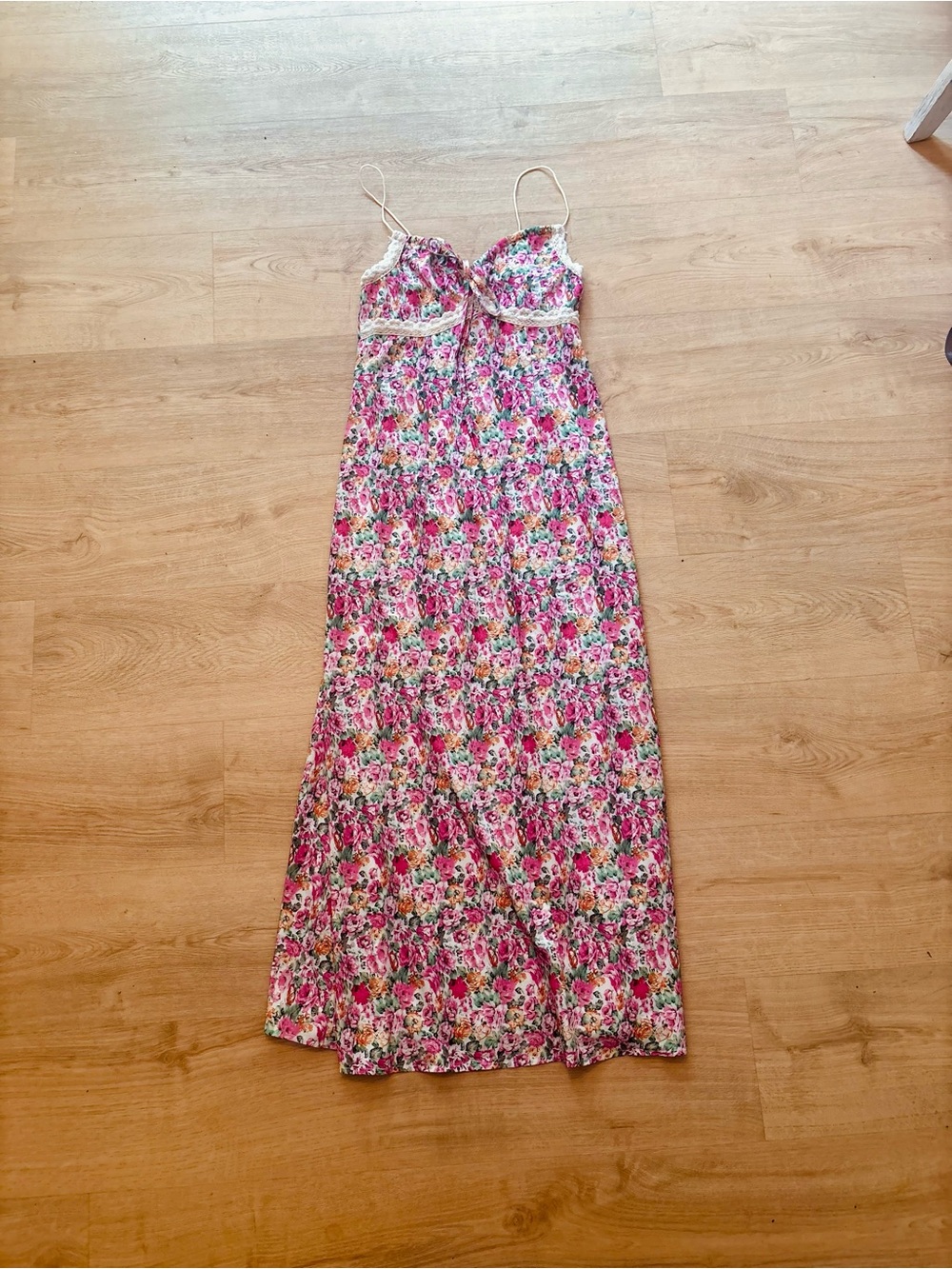 Boutique Pink Floral Maxi Slip Dress with Lace Trim